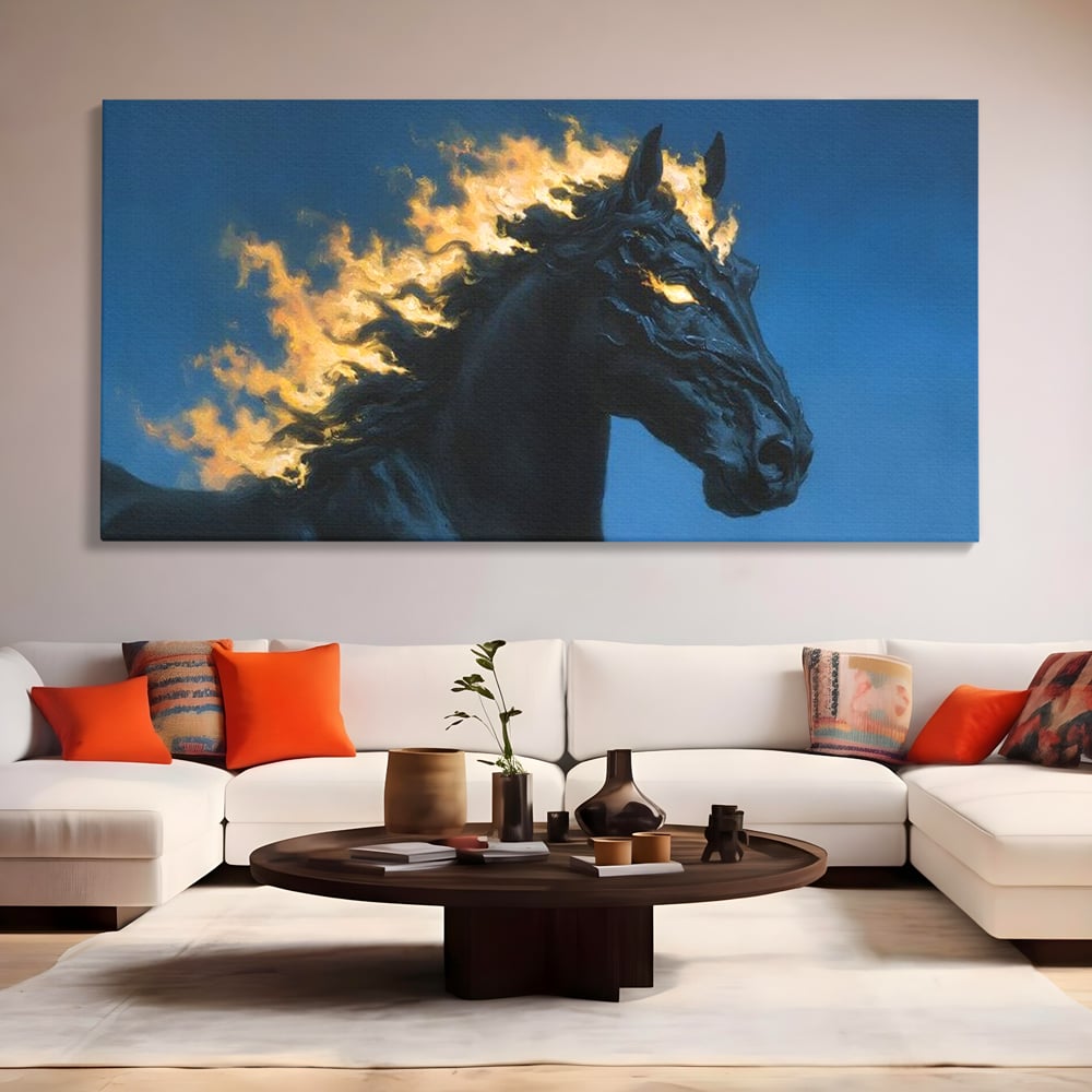 Tablou canvas cu tablou canvas cu armasar in flacari, fara rama, pe sasiu de lemn, pe perete intr-un living